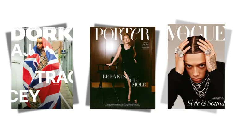 Three magazine covers are side by side. The first shows a person wrapped in a Union Jack flag. The second features a person in a black dress, standing by a chair with a confident pose. The third displays a person with slicked-back hair, adorned in jewelry and a serious expression. Each cover has bold text with the magazine titles prominently displayed.
