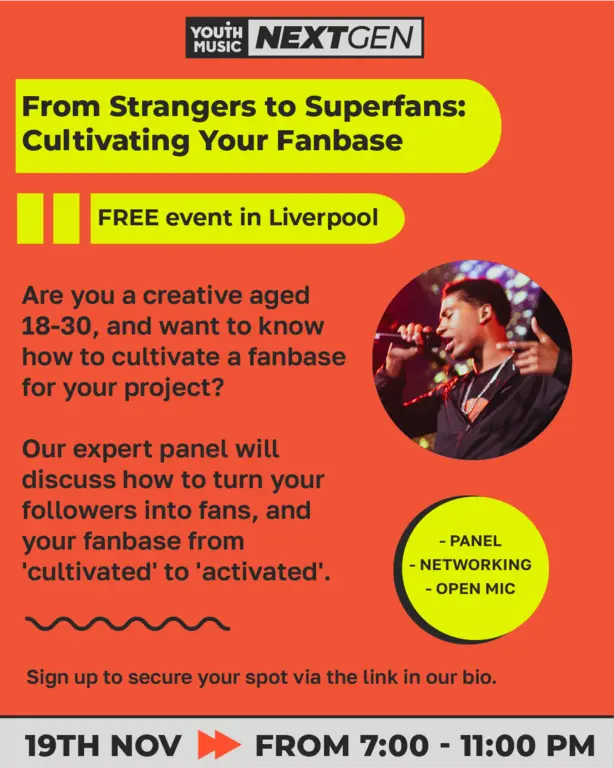 A red card, with yellow highlighted text reading 'from strangers to superfans: cultivating your fan base.'