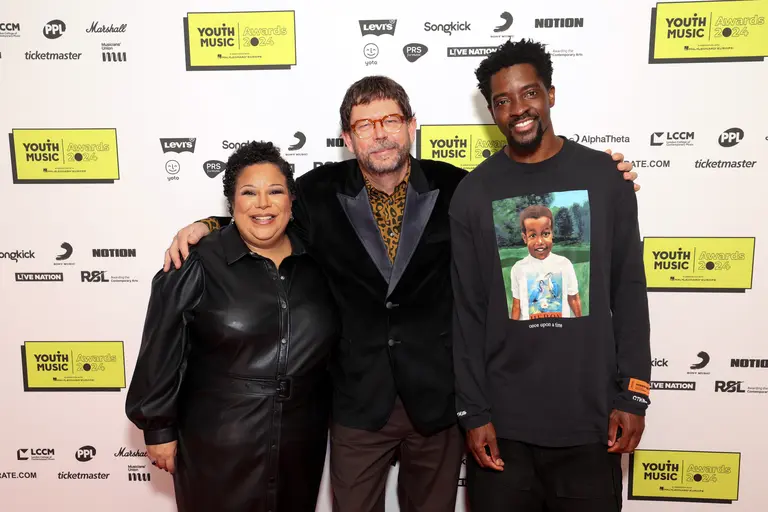 Matt Griffiths CEO, posing for a picture with board of trustee co-chairs Isaac Borquaye and Charlotte Edgeworth at the Youth Music Awards 2025