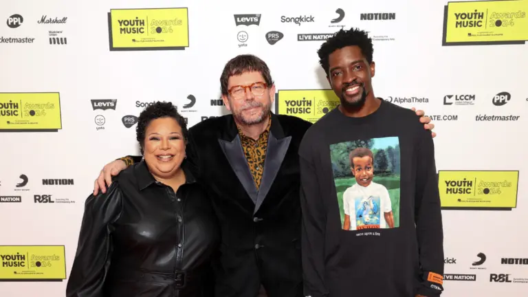 Matt Griffiths CEO, posing for a picture with board of trustee co-chairs Isaac Borquaye and Charlotte Edgeworth at the Youth Music Awards 2025