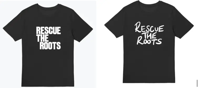 two rescue the roots t-shirts in back, one with Anthony Burril's design and the other with Jade THIRLWALL's handwriting 