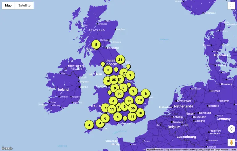 The Youth Music Project Map. A map of the UK showing with yellow dots where our funded projects are