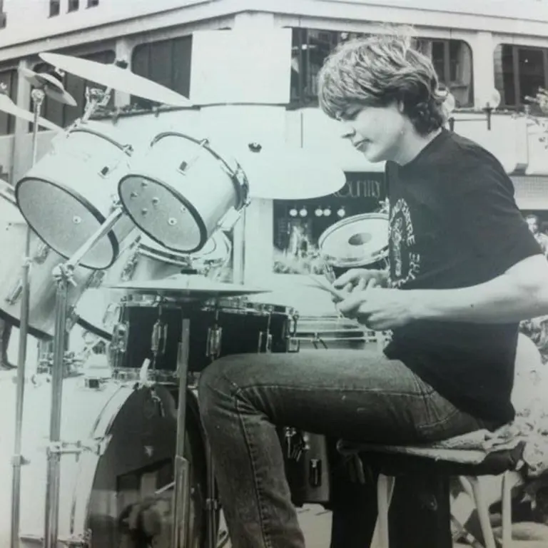 Matt Griffiths at a Drum Battle in aid of Ethiopia, Cardiff 1985